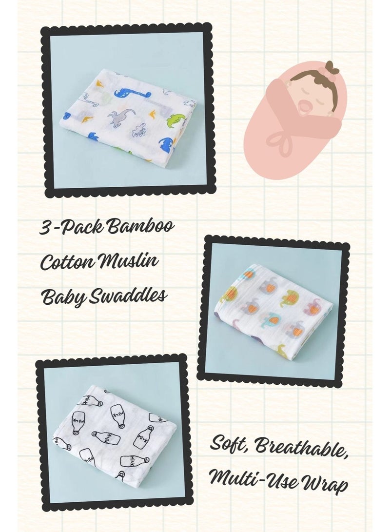 Anami 3-Pack Bamboo Cotton Muslin Baby Swaddles – Soft, Breathable, Multi-Use Wraps for Newborns (110x110cm) - Image 1